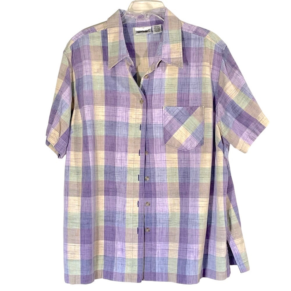 Fashion Bug Plaid Short Sleeve Cotton Button Down Top 22/24W Purple Multi